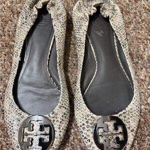 Tory Burch Snake-Print Reva Ballet Flats Neutral Beige Size 8M